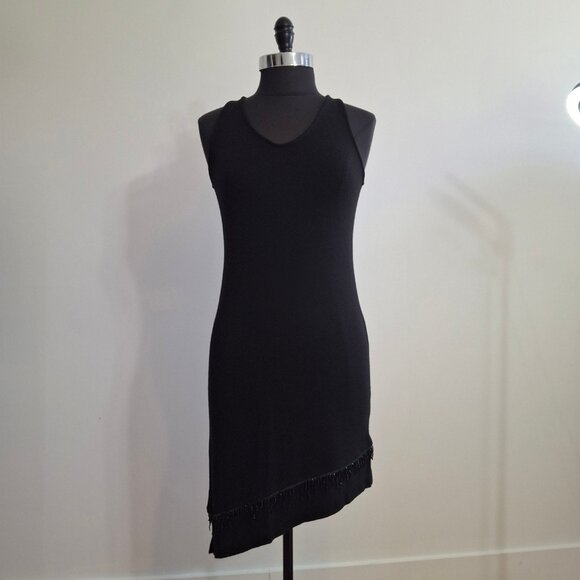 Racerback Bodycon Sz M Midi Sheath Dress Stretch Knit Asymmetrical Hem - Picture 1 of 12